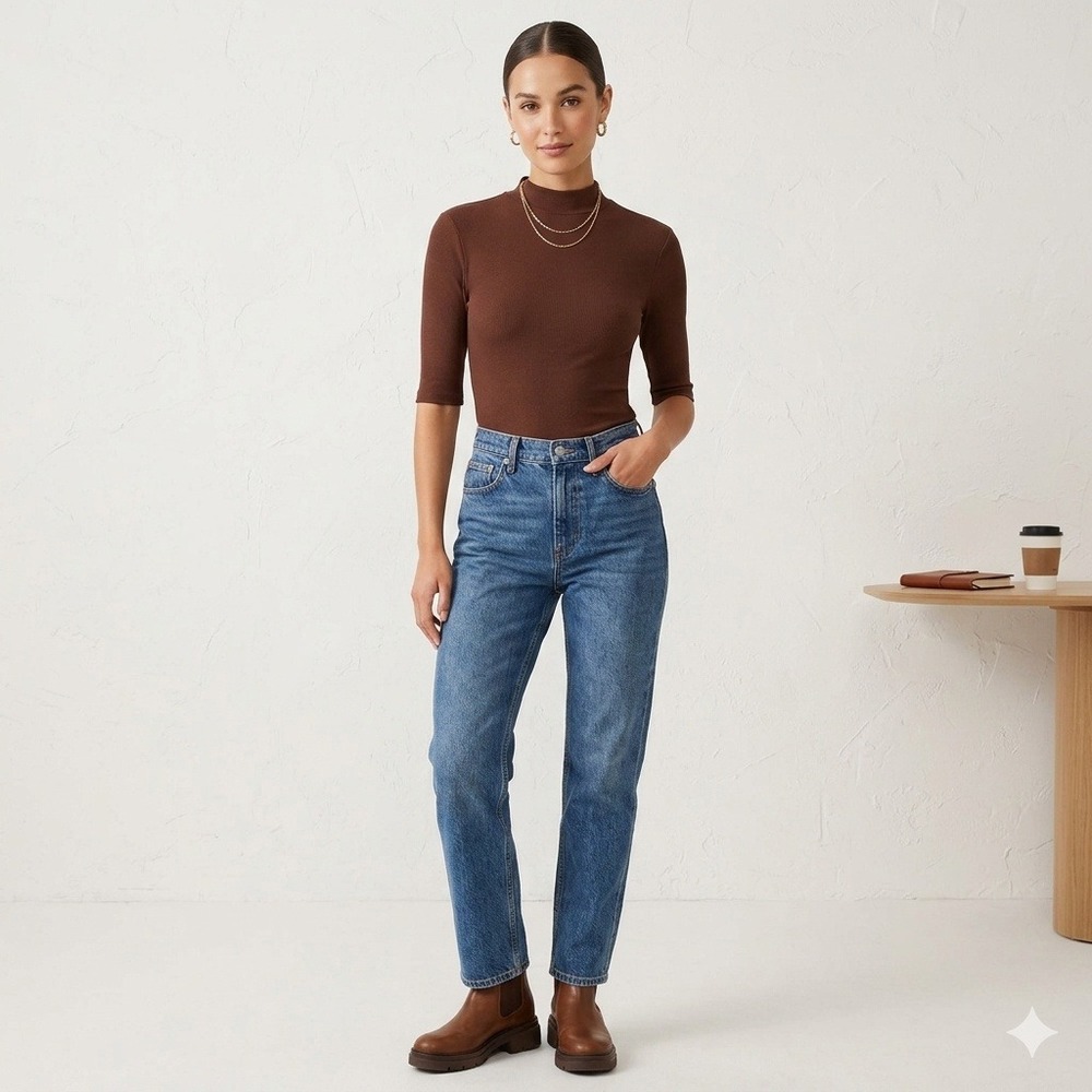 Zara Ribbed Mock Neck Top Half Sleeve Fitted Knit Pullover Brown Large